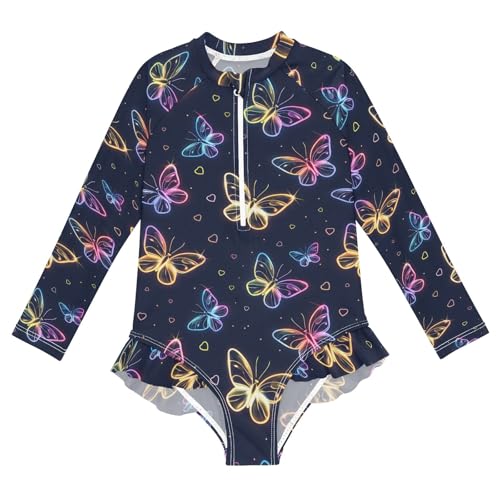 Beautiful Neon Flying Butterflies Girls One Piece Rash Guard Swimsuit, Girls Long Sleeve Swimwear for 3-12Y