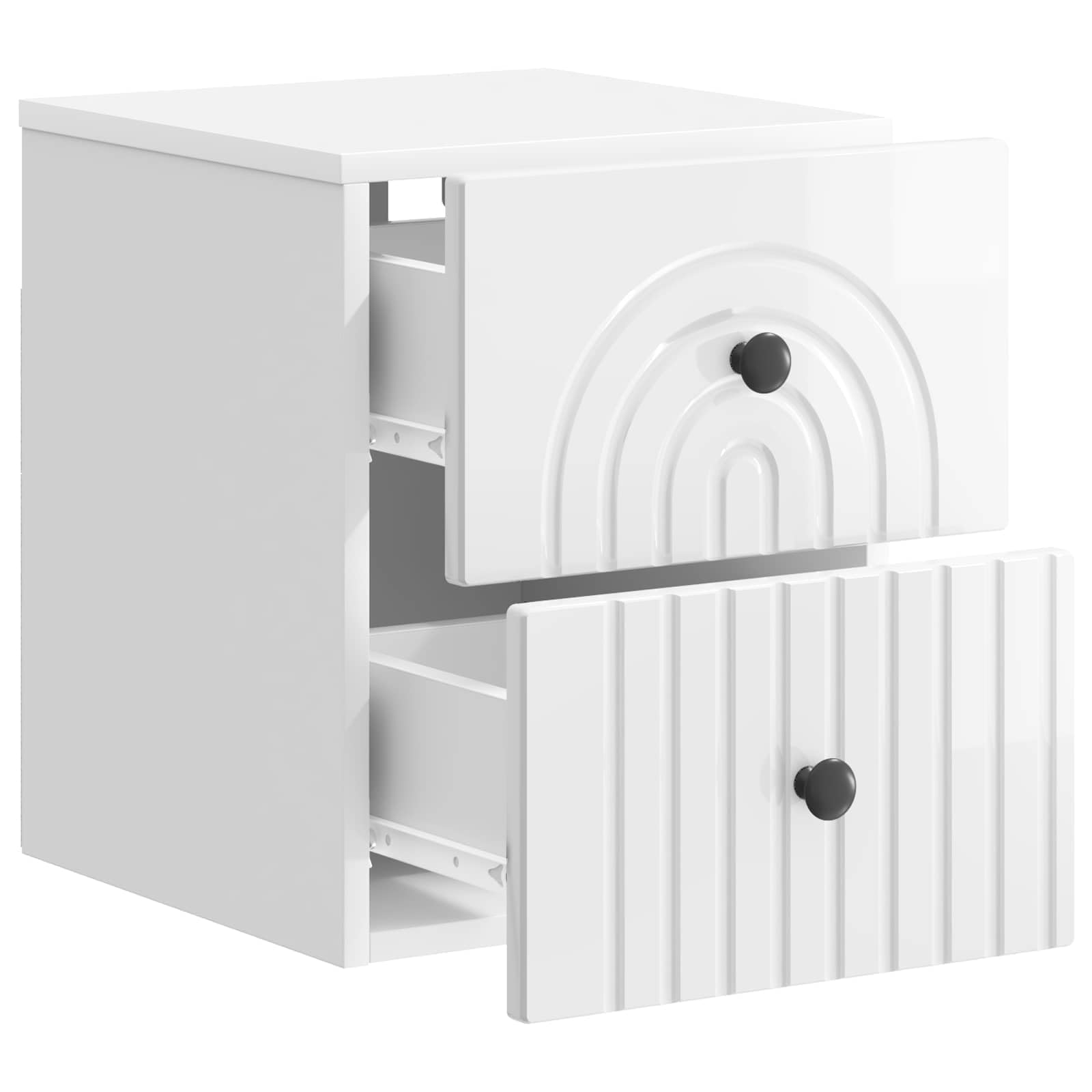 Szafka nocna 2 sztuki biały połysk 33 x 34,5 x 40 cm | Drewno, 4 szuflady, montaż na ścianie, styl vintage, uniwersalny do salonu lub sypialni