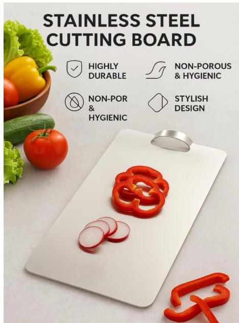 Image of Large Stainless Steel Chopping Cutting Board with Curved Handle Vegetable,Fruit,Bread & Meat Durable Safe & Heavy Duty (Stainless Steel Chopping Board)