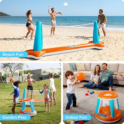 Image of JOYIN XL Inflatable Pool Float Set, 125'' Volleyball Net & Basketball Hoops, Extra Large Floating Swimming Game Toy for Kids and Adults, Summer Floaties, Volleyball Court|Basketball, XL-Orange