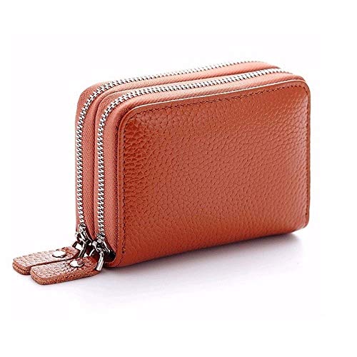 Genuine Leather Unisex Credit Card Holder Wallets for Women Double Zipper Card Bag (Khaki)