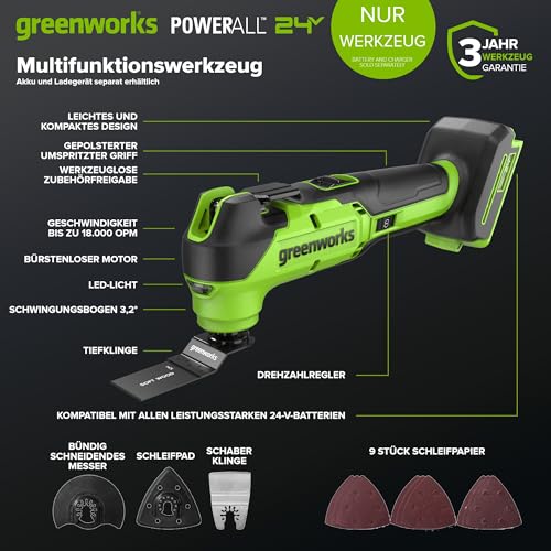 Greenworks 24V Lithium Ion Brushless Cordless 18,000 OPM Oscillating Multi Tool with Woodcutting Blades and Sanding Pad with Sheets Included,8 Speed Settings (Battery Not Included, Power Tool Only) by Greenworks - Image 2