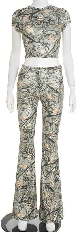 Sexy 2 Piece Sets For Women Camouflage Cap Sleeve Crop Top And Fold Over Flare Pants Set Casual Outfits Going Out - Image 6
