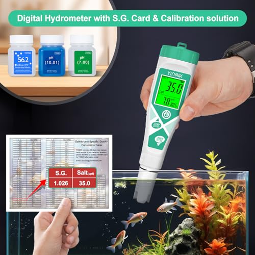 Image of YINMIK Pool pH Salt Tester, Digital Salinity Meter for Saltwater Pool, Simultaneous Display Salt pH TDS for Koi Pond, Reef Tank, Aquarium, Hydroponic PPM pH EC Reader, Hydrometer with S.G. Card