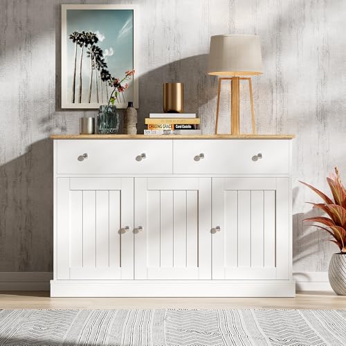 Aoskem Sideboard Weiß Kommode mit Stauraum 2 Schubladen & 3 Türen, Sideboard Wohnzimmer, 120x36x80cm, Buffetschrank Küchenschrank Schließfach Standschrank Anrichte Schrank Schlafzimmer, Weiß+Holzfarbe