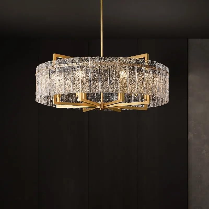 Lustre à tambour en cuivre chic doré 8 lampes pour salon chic