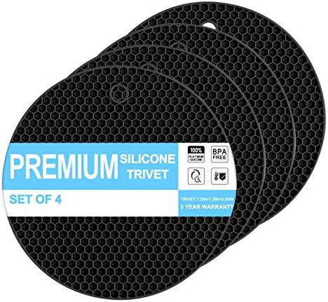 Coomin Silicone Trivets for Hot Dishes - 4 Heat Resistant Mats for Countertops, Multipurpose Non-Slip Hot Pads for Kitchen Potholders, Jar Opener, Spoon Holde, Food Grade Silicone（Black）