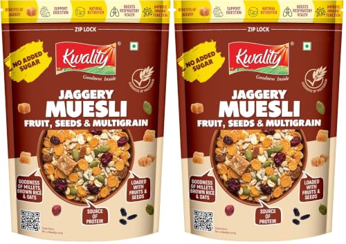 Image of Kwality Muesli Jaggery, Fruits, Seeds & Crunch 400g | Goodness Millets Brown Rice & Oats | 66% Multi Grain Mix Natural Sweetener | High-Fibre, Multigrain Breakfast Cereal with Crunch & Nutrition | Natural sweetner Jaggery