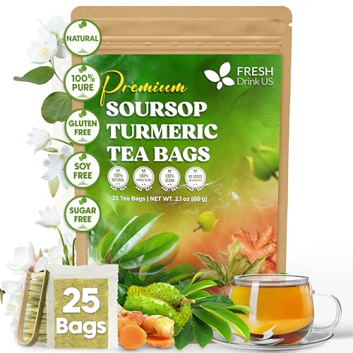 Image of FreshDrinkUS, Premium 25 Soursop Turmeric Tea Bags, 100% Natural, Blend of Soursop Leaves, and Turmeric Root. Made with Natural Material Tea Bags. No Sugar, Vegan.
