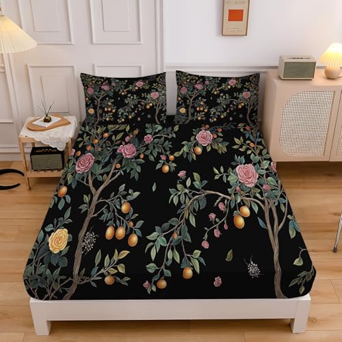 Bedding King Fitted Sheet With 2 Pillow Cases (50X75Cm), Chinese Embroidery Style - Deep Pocket (30Cm) - Bed Sheets Set - Apricot Tree Pink Roses Soft Brushed Microfibre Fitted Sheet