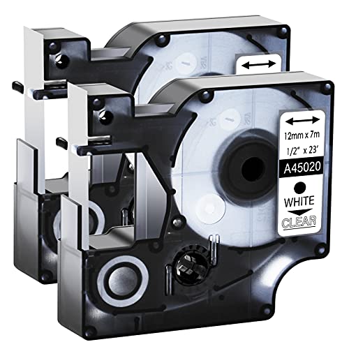 GREENCYCLE 2 Pack White on Clear Tape Compatible for Dymo D1 Label Maker Refills 45020 S0720600 12mm Label Tape Refills 1/2 Inch x 23 Feet for LabelManager 160 280 210D 360D 420P PnP 220P 260P 500TS