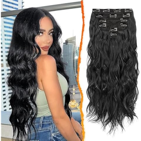 BARSDAR Clip in Hair Extensions for Women - 20 Inch Long Wavy Black Hair Extensions Clip in - 6PCs Full Head Thick Soft Synthetic Clip in Hairpieces Daily Party Halloween- Natural Black Cover