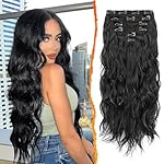 BARSDAR Beach Wavy Black Clip in Hair Extensions – 20 Inch 6PCS Thick Soft Synthetic Hairpieces, Full Head Clip in Hair Extensions for Women – Long Voluminous Easy Wear Daily Party - Natural Black