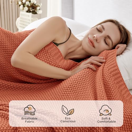 Joydeco Chunky Cable Knit Throw Blanket, Lightweight 100% Cotton Soft Cozy Throw Twin Blanket for Couch Bed and Sofa, Rustic Breathable Farmhouse Blanket Gift for Women Men(Burnt Orange, 60"x80") - image 5
