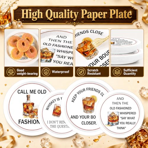 96Pcs Funny Whisky Birthday Party Decorations Vintage Humorous Drinking Quote Paper Plates Napkins Old Fashioned Party Decorations Bourbon Whisky Tableware for Men Adult Drinkers Bachelorette by Yiaoyinnz - Used condition - Image 3