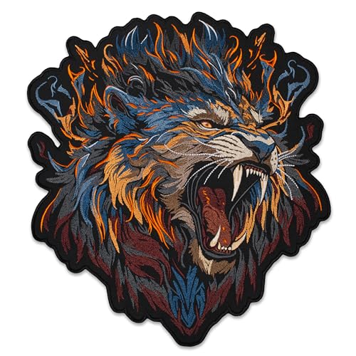EMBROVERSE Fierce Flaming Tiger Large Back Patch - Embroidered Iron-On, Fantasy Predator Face, Biker Jacket Emblem, Premium Quality, 12.8 x 13.9 inches