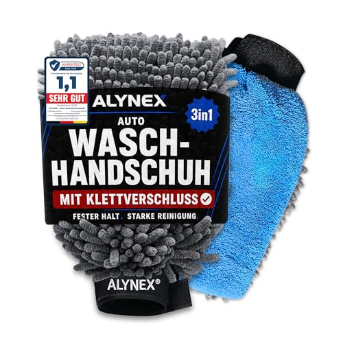 ALYNEX Premium Auto Waschhandschuh 3in1 mit Klettverschluss Mikrofaser Waschhandschuh Auto mit Insektennetz Lackschonend Kratzfrei & Saugstark Autopflege Zubehör für gründliche Auto Reinigung