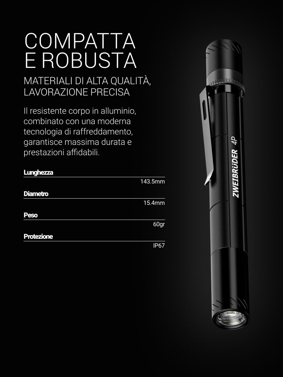 Zweibrüder ZB4P Torcia a Penna LED 400 Lumen – Mini Torcia Tascabile Compatta di Precisione, USB-C Ricaricabile, Messa a Fuoco Regolabile, Ideale per Ispezioni e Lavori Tecnici