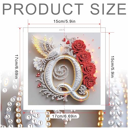 Image of AiYuanzsh 5D Diamond Art Kits for Adults Letter Q, Quaint Rose & Dove Alphabet Special Shape Diamond Painting Kit, DIY Luxury Diamond Art for Home Decoration and Valentine's Day Gift 17x17cm