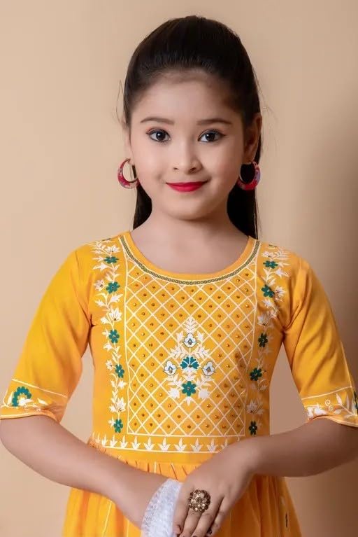 Image of Girls Traditional Embroidered Kurta Palazzo Set, Green and White, Floral Design, Half Sleeves