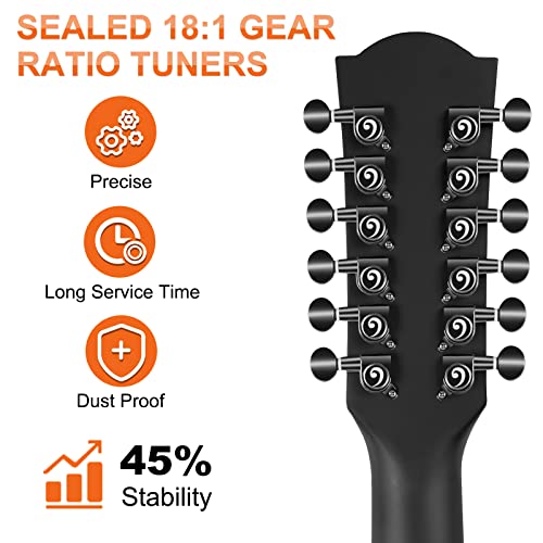 Image of Vangoa LEFT HANDED 12 String Guitar Acoustic electric Cutaway 42 Inch Full Size Dreadnought Spruce Top Sapele Body for Beginners Teens Adults, Black, Matte