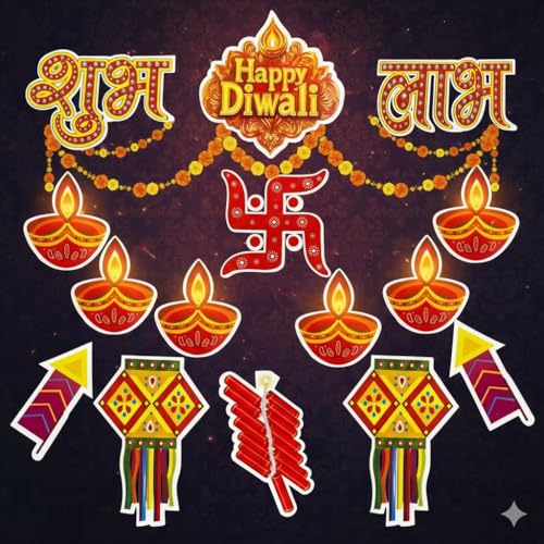 Image of 15 Pcs Diwali Festival Items Vibrant Wall Ceiling Decor Cutouts for Home and Office Deepawali Home Decor Festive Hanging (Pack of 15)