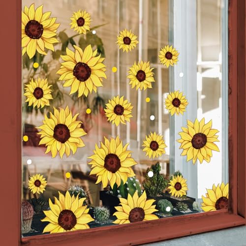 JarThenaAMCS Floral Window Clings Sunflower Window Decals Reusable Anti-Collision Summer PVC Stickers for Home Glass Mirror Decoration, 11.5 x 8.3 Inch, 9 Sheet