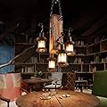 Wood Retro Pendant Lighting Industrial Vintage Chandelier Black Metal Bedroom Restaurant Suspension Lamp Cage Frame with Glass Shade House Loft Bar Coffee Decoration Ceiling Lights Fitting, E27