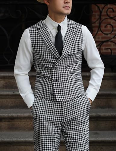 ONAXTDA Mens Houndstooth 2 Piece Suit Slim Fit Casual Double Breasted Vest Pants Set for Spring Autumn2