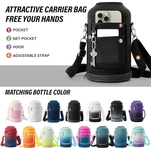 Insulated Water Bottle | Thickened Stainless Steel Vacuum Metal | Portable Sports Half Gallon Large Water Jug for Gym and Hiking with Straw, Carrier Bag, Handle Strap | BPA-Free 64 oz