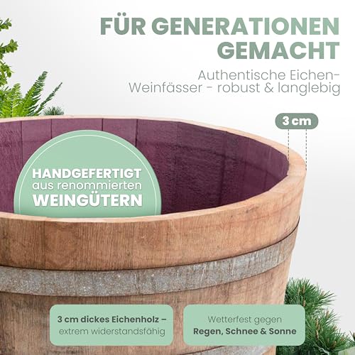 Temesso Holzfass, gebrauchtes Weinfass halbiert aus Eichen-Holz Fass als Pflanzkübel oder Miniteich (D70 H40 cm 100 Liter)