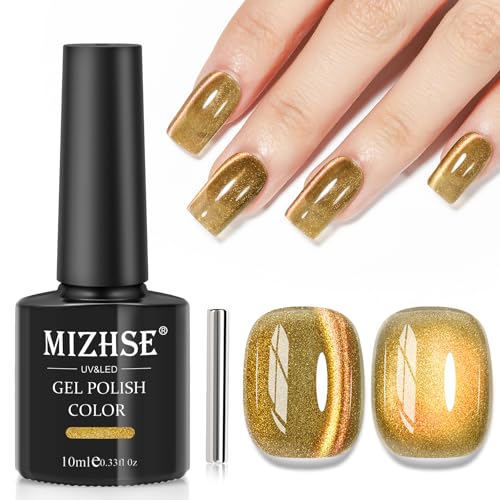 MIZHSE Cat Eye Gel Nail Polish, Gold Magnetic Gel Polish with Magnet Stick, Starry Effect Trendy Salon Shimmer Nail French Soak Off Manicure Home