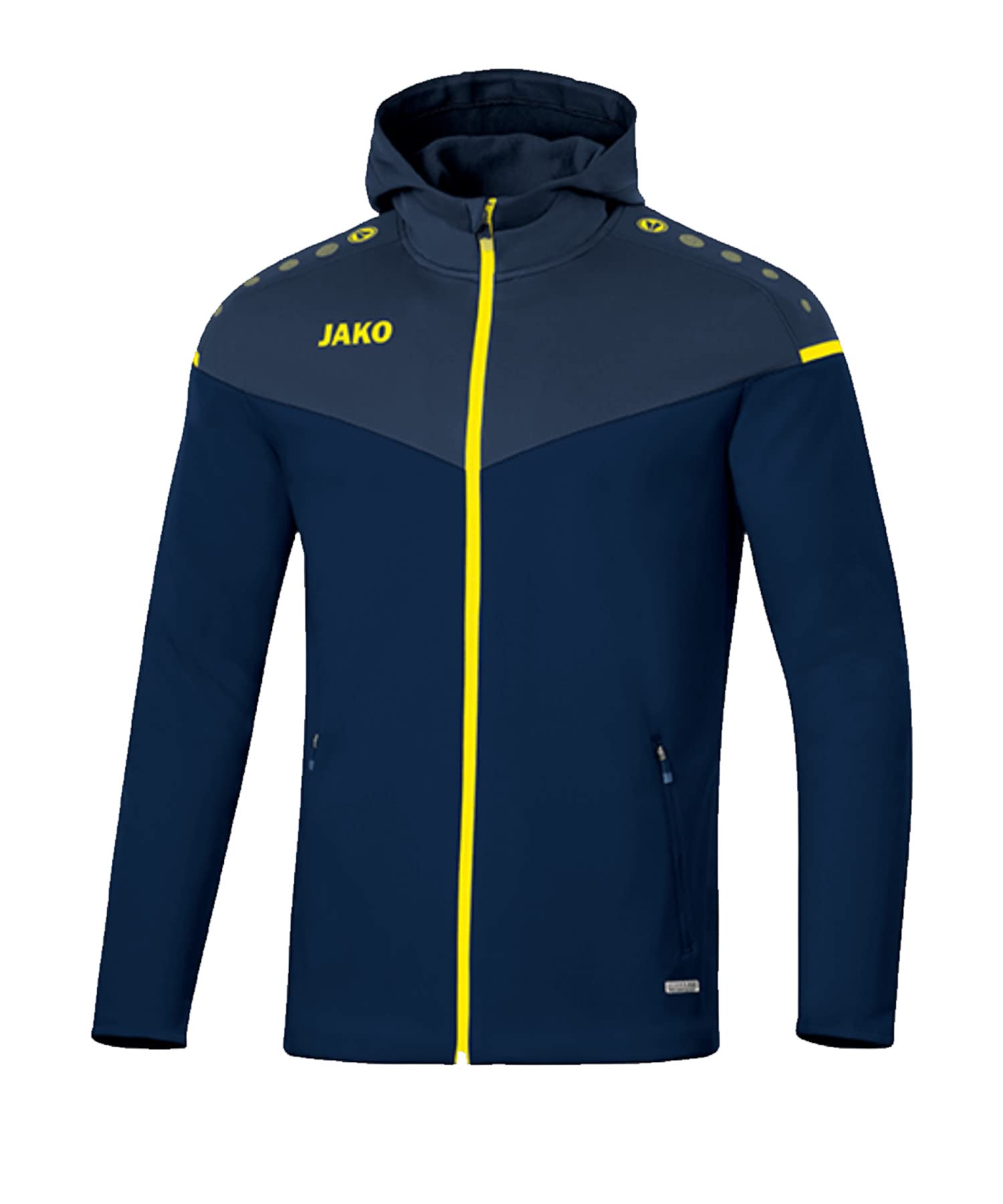 JAKO Men's Champ 2.0 Hooded Jacket, Navy/Dark Blue/Neon Yellow, L