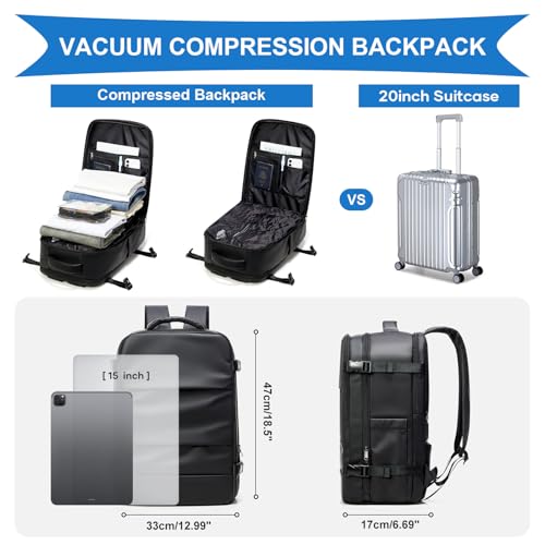 Image of coowoz Vacuum Backpack Travel with Pump,Travel Backpack with Vacuum System For Women Men,Carry On Backpack,Hiking Backpack Waterproof Outdoor Sports Rucksack Casual Daypack,TPU Coated Black