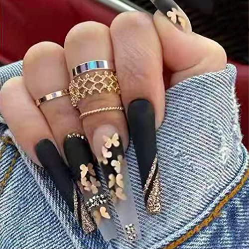 Butterfly Press on Nails Long Fake Nails Acrylic French Ballet Black Butterfly Rhinestone Exquisite Design Fashion Nail Decoration for Nails for Women and Girls 24 Pcs