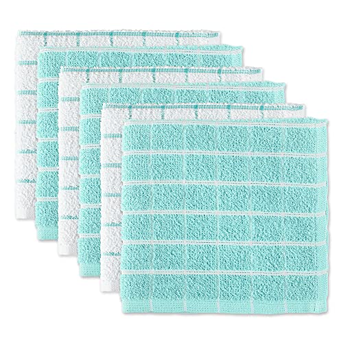 DII 100% Cotton, Machine Washable, Ultra Absorbant, Basic Everyday 12 x 12 Terry Kitchen Dish Cloths, Windowpane Design, Set of 6- Aqua
