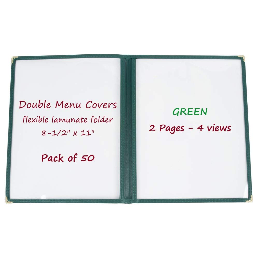 (Pack of 50) Double Fold Menu Covers Laminate Plastic Two Pages Restaurant Menu Covers Double Stitched with Gold Decorative Corners Commercial Quality Size 8-1/2 x 11