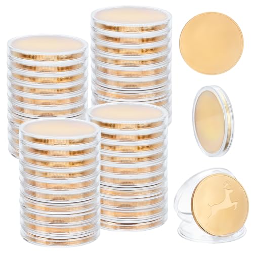 WEBEEDY 40 STÜCK Leer Challenge Münze Gravur Rohlinge Münzen Metallpräge Rohling Münze 40mm Runde Tags Gewindekante Münze Mit Acryl Schutzbox Für DIY Bastelprojekte Gold