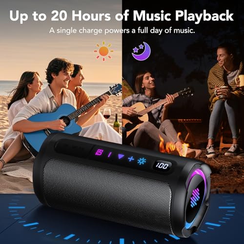 Image of Portable Bluetooth Speaker with Battery Level Display, Powerful Sound Wireless Speaker: Deep Bass, BT 5.4, 20H Playtime, 7 RGB Modes, IPX7 Waterproof, TWS Pairing, Beach /Vacation Essentials(Black)