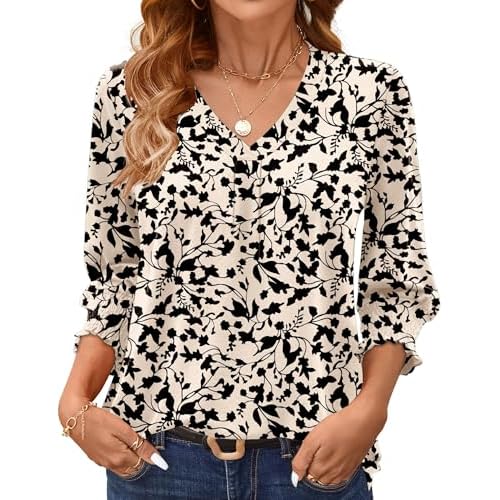AKEWEI 3/4 Length Sleeve Womens Tops Summer Fashion V Neck Business Casual Blouses Smocked Shirts