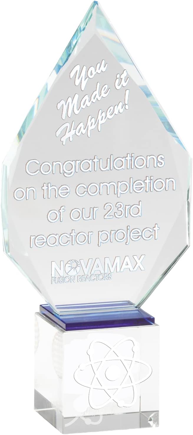 SHOP AWARDS AND GIFTS Optical Crystal Arrow Head Award with a Blue Bottom on Square Crystal Base, Multiple Sizes, Can Be Personalized