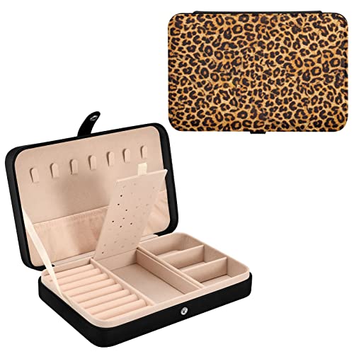 WELLDAY Joyero portátil organizador de joyas de viaje con estampado de leopardo, estuche de viaje para collares, aretes, anillos, pulseras