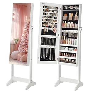 SONGMICS Schmuckschrank, Spiegelschrank stehend, mit 2 separaten Make-up Organizern, rahmenloser Ganzkörperspiegel, abschließbar, für Ketten, Ohrringe, Schminke, weiß JJC002W01