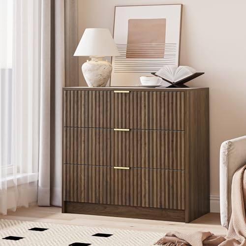 Image of MAISONARIA Fluted Dresser for Bedroom, 32 Inch Wide Nightstand with Large Drawer, 3 Drawer End Table for Bedroom, Living Rooms, Offices, and Entryways, Walnut