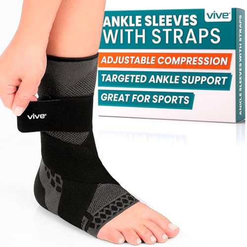 Vive Ankle Compression Sleeves With Straps (1 Pair) - Brace for Women and Men - Support Wrap for Achilles Tendonitis, Sprains, Plantar Fasciitis, Injured Foot, Swelling, Pain Relief, Sports, Running (Large)