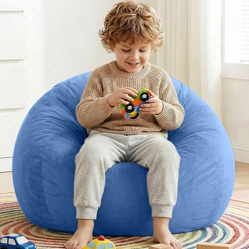 Image of Stuffed Animal Storage Bean Bag Chair Cover for Kids (No Filler), Soft Comfy Velvet Beanbag Chair Cover Machine Washable, Kids Bean Bag Chair with Handle for Living Room Bedroom Dorm,Dark Blue