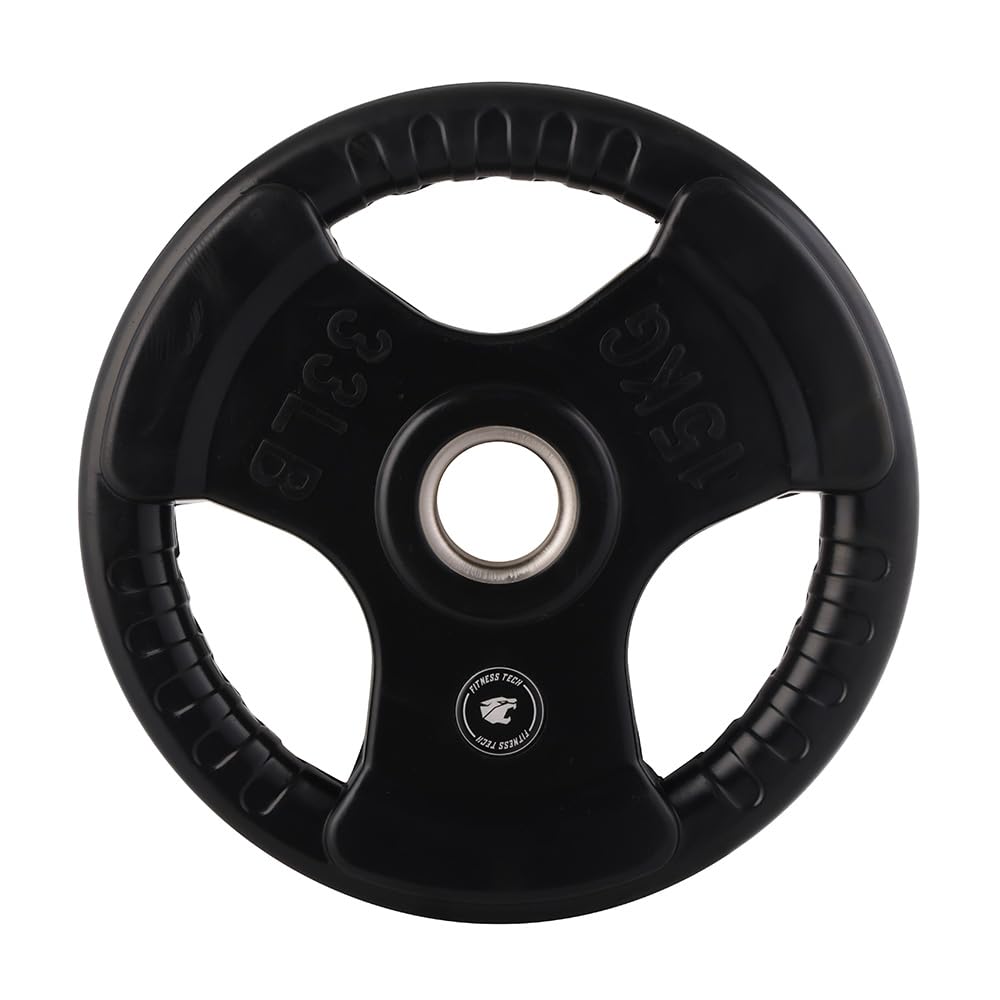 Discos Olímpicos de Goma Triple Agarre Fitness Tech | Set de 2 Discos con Casquillo de Hierro | Diámetro 50 mm | Pesos de 2,5 a 25 kg | Antigolpes y Ergonómicos (15, Kilogramos)