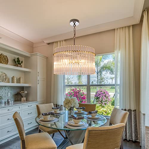 Wellmet Modern Glass Chandelier 4 Lights, 20" Chrome Chandeliers For Dining Rooms, Drum Light Fixture With Crystals For Living Room, Bedroom, Kitchen Island #TOP3