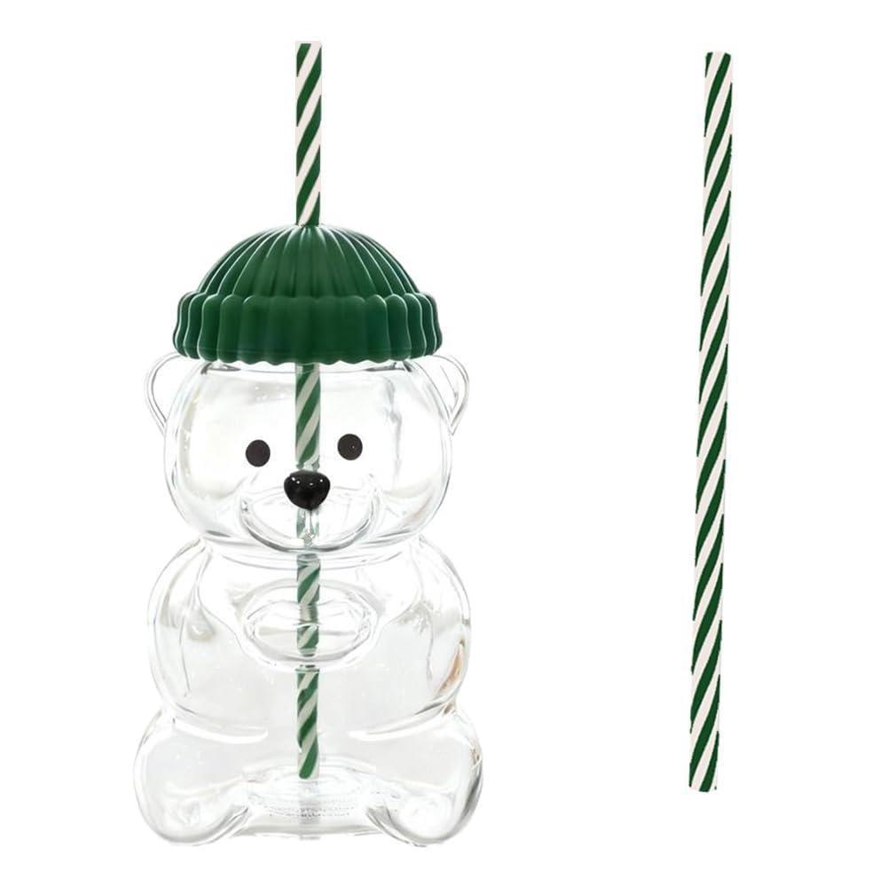 Cute Bear Glass Cup with Lid and Straw, 20oz Iced Coffee Tumbler,Boba Cup