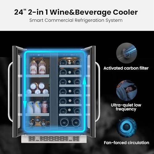 Image of 24 Inch Beverage And Wine Refrigerator Under Counter Dual Zone French Door Wine Fridge For Beer Drink Home Bar 20 Bottles 80 Cans